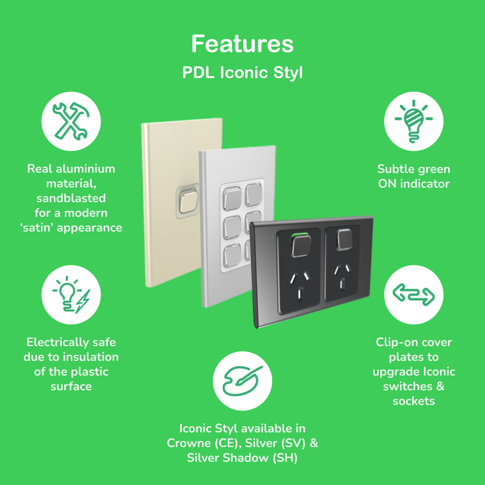 Bundle - PDL Iconic Styl, 2 switch & 2 socket, Horizontal, 10 A + Skin - Silver